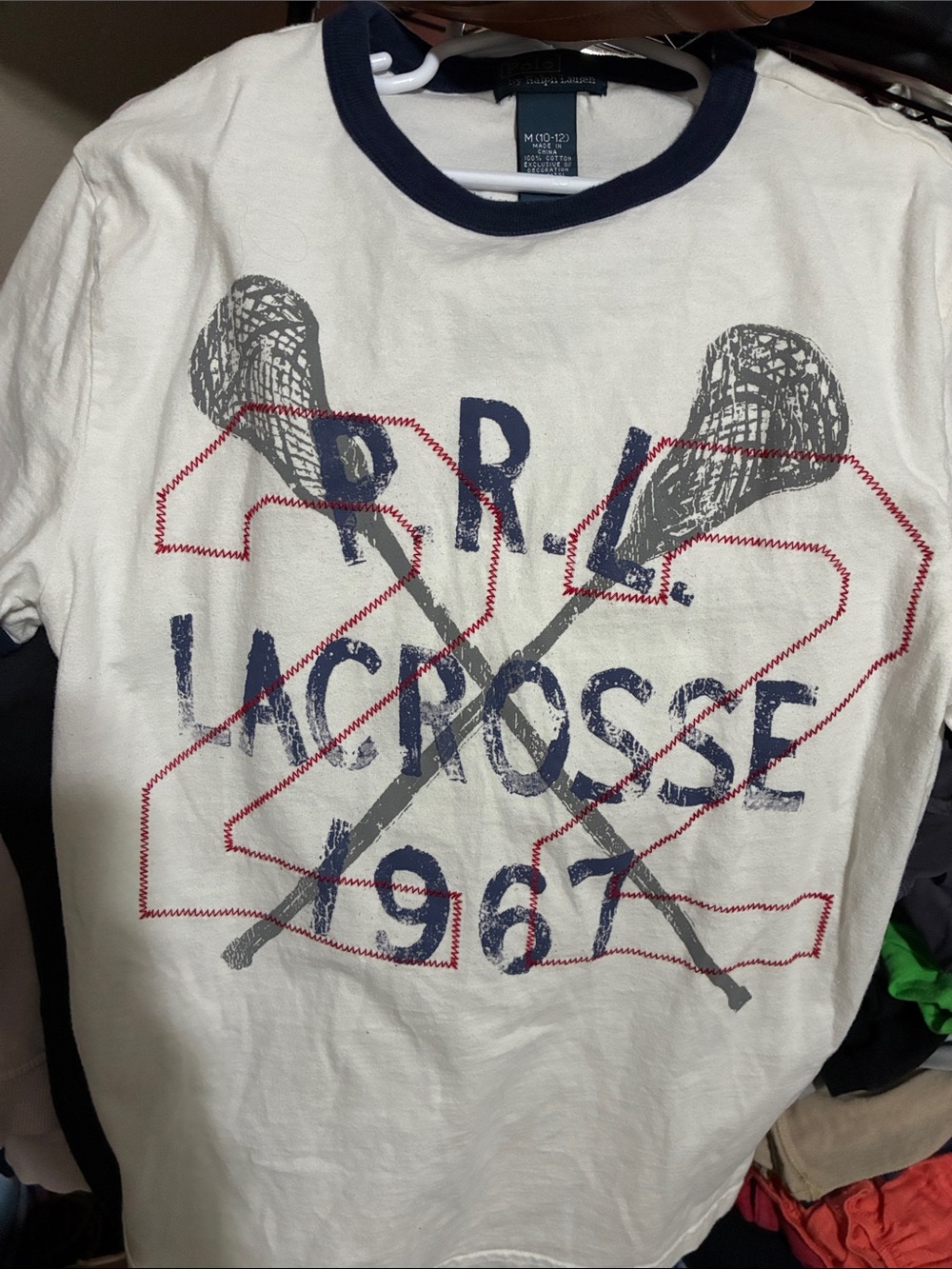 Polo Ralph Lauren White Tee with Navy Trim lacrosse 22 tee shirt medium  10/12